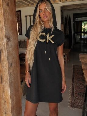 Calvin Klein Black Hooded T-Shirt Dress Gold Rhinestone CK Logo Size S